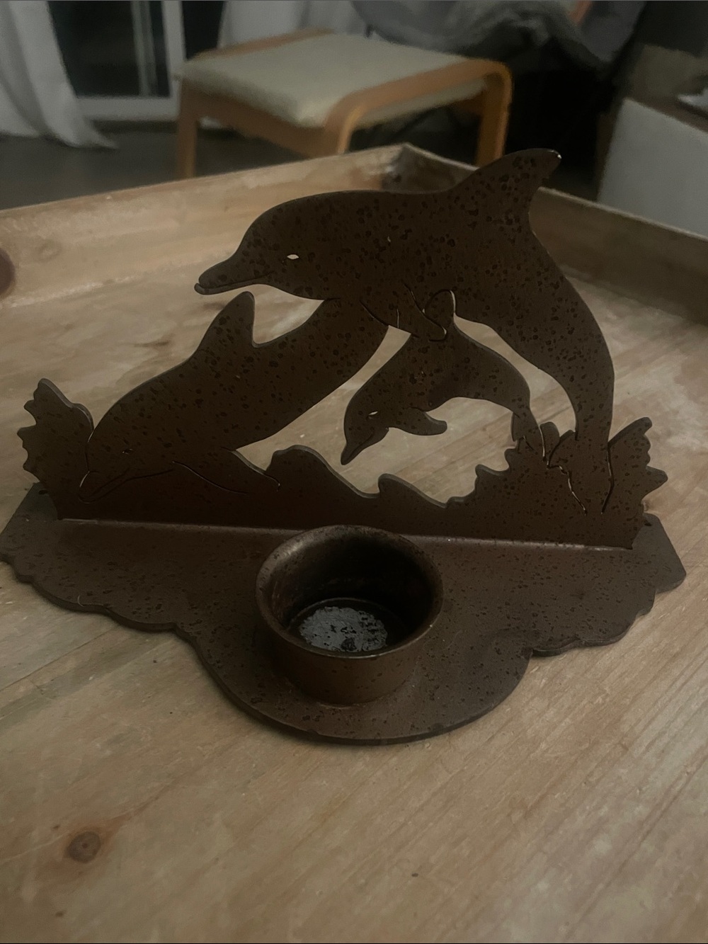 Rustic Dolphin Metal Tealight Candle Holder - Brown Finish